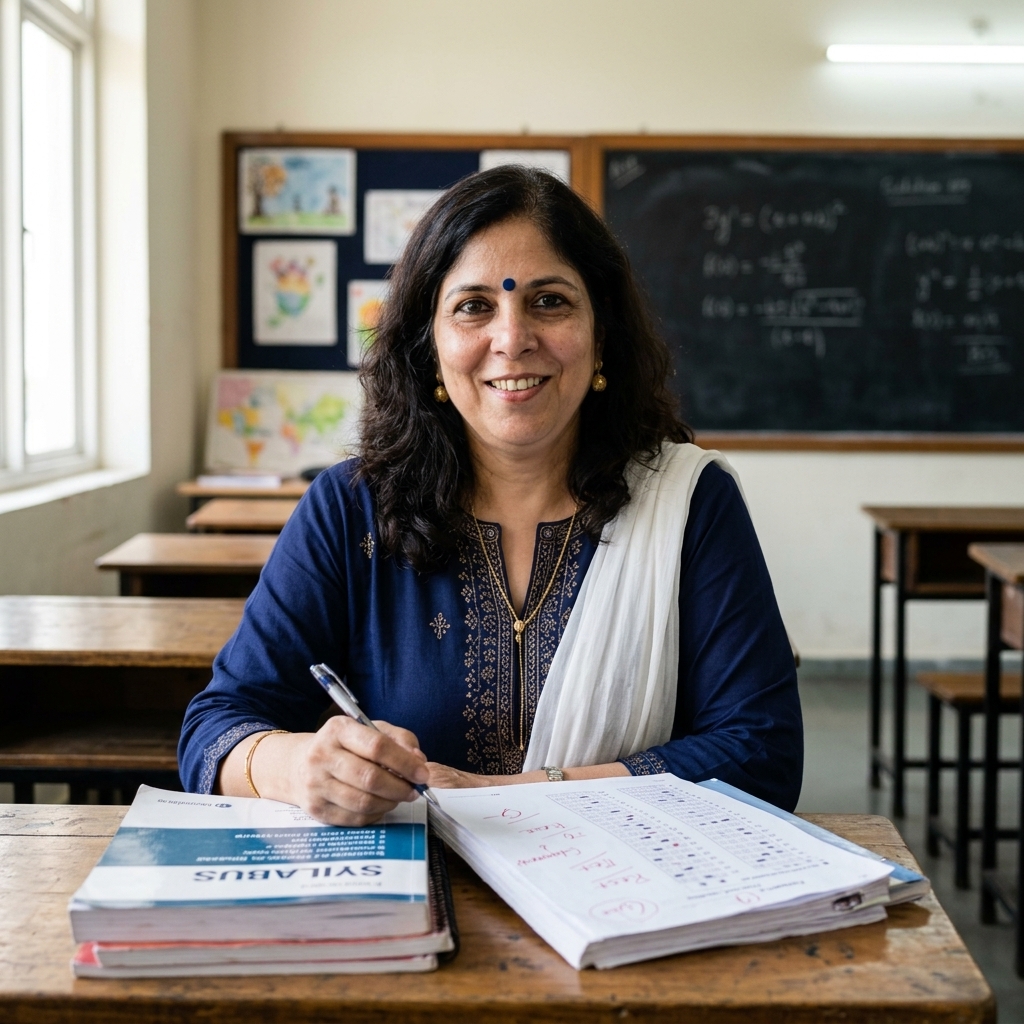 Educator Evaluating Board Examination Practice Papers